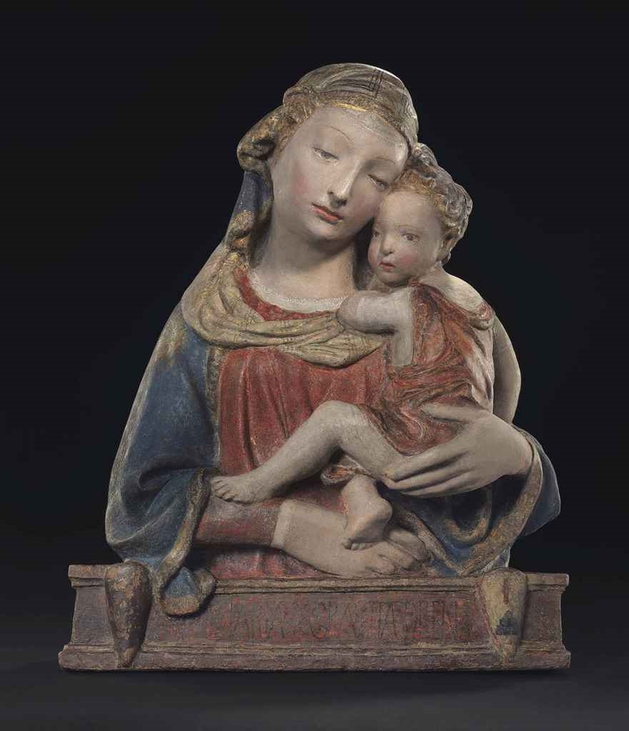 Artwork by Lorenzo Ghiberti, Representing the Virgin Mary holding the Christ child in her arms, Made of polychrome and parcel-gilt stucco relief