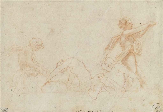 Four ephebes (recto); Plan of a building (verso) by Correggio