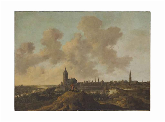 A view of Wesel on the Lippe river with an artist sketching in the foreground by Anthonie Jansz. van der Croos