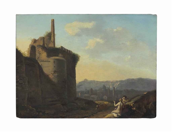 A classical landscape with nymphs by Gerrit van Bronchorst, 1662