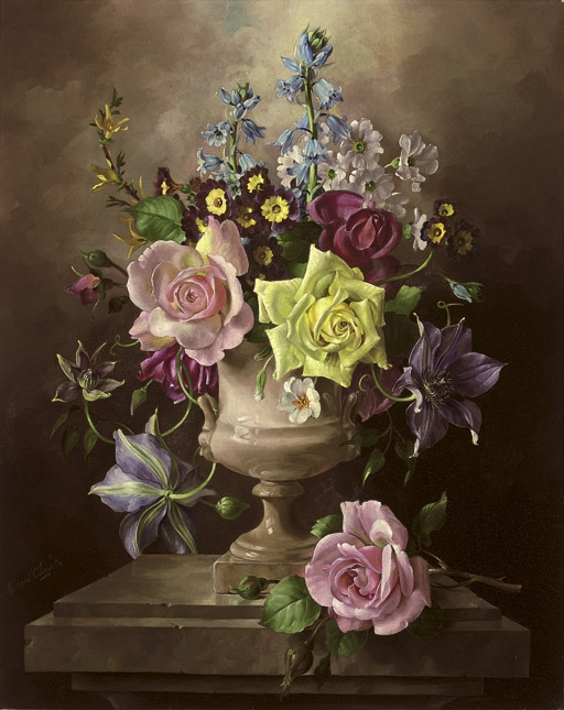 Harold Clayton | Summer flowers in an urn on a stone plinth | MutualArt