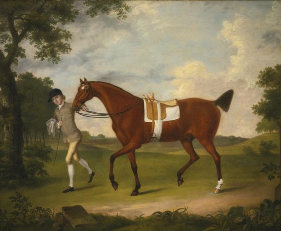 A classical painting of a person leading a saddled horse through a pastoral landscape.
