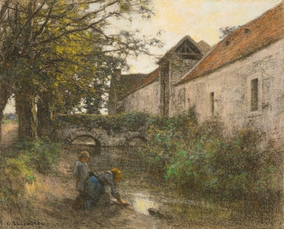 LAVEUSES, DEUX FIGURES, PETIT PONT DU RU CHAILLY by Léon-Augustin L'Hermitte