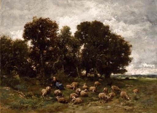 Shepherdess with flock at forest edge by Charles Émile Jacque, 1872