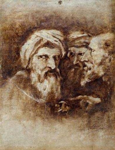 Artwork by Mihaly Munkacsy, Study of three men, Made of Watercolour on paper