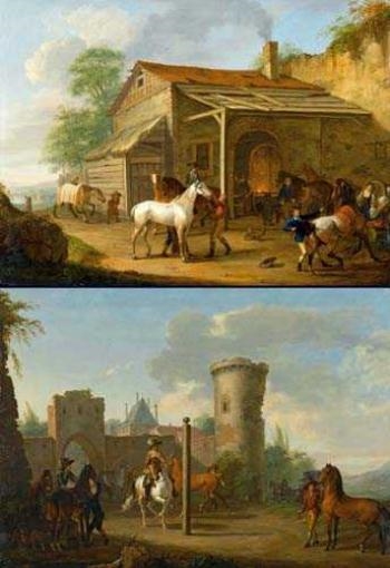 Counterpart: Horses at the farrier / Horses before a ride by Johann Georg Pforr, 1788