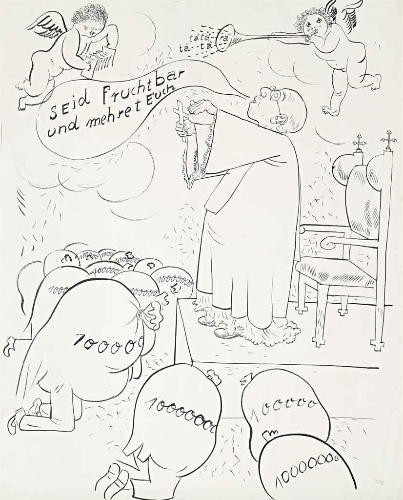 Artwork by George Grosz, Seid fruchtbar und mehret Euch - Die Religion muss dem Volke erhalten bleiben, Made of brush and india ink on paper