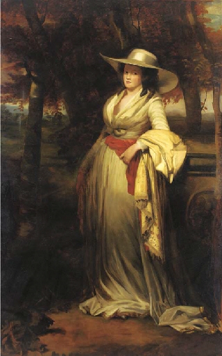 Portrait of a lady, full-length, in a white dress and paisley shawl, in a landscape by British School, 18th Century