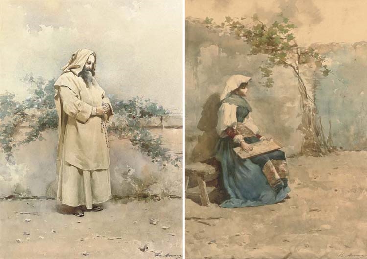 Artwork by Alberto La Monaca, A monk in contemplation; A seated ciociara girl, Made of watercolour on paper