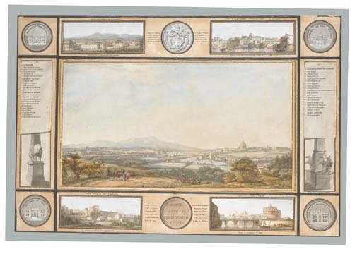 Douze dessins de Rome sous le pontificat de Pie VI: Une vue panoramique de Rome flanquée par; L'obélisque de la Minerve; et L'obélisque de Monte Cavallo; La place du Campidoglio; Une vue des Thermes de Dioclétien; Les armes du pape Pie VI; Une vue de l'île Tibérine; La basilique Saint-Pierre; La fontaine de Trévi; Une vue des ruines du palais des Empereurs sur le Palatin; Une vue du château... by Pierre-François-Léonard Fontaine, 1787