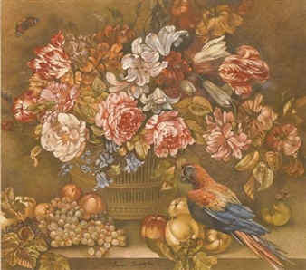 Un bouquet de roses, de lys, de clématites et du myosotis dans un panier avec une grappe de raisins, des pommes et un perroquet sur un entablement - Andree-Emma-Felicite Desportes De La Fosse