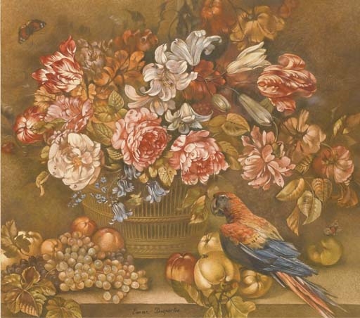 Un bouquet de roses, de lys, de clématites et du myosotis dans un panier avec une grappe de raisins, des pommes et un perroquet sur un entablement - Andree-Emma-Felicite Desportes De La Fosse