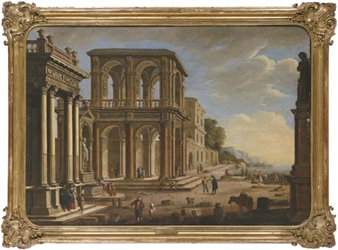 An architectural capriccio with an ionic portico, a fountain, a two story loggia, a Gothic palace and figures on a quay - Jan Miel