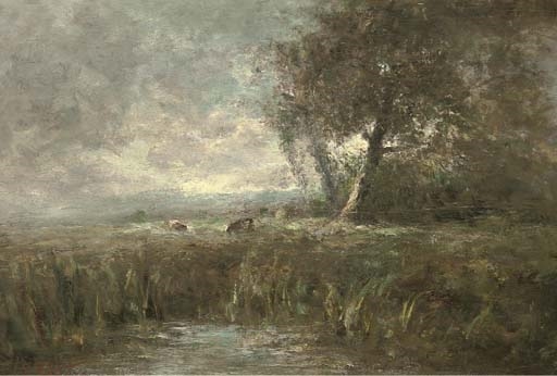 A landscape with pool, and cattle beyond by George A. Boyle