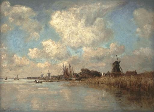River landscape with windmills in the distance by James Levin Henry, 1910