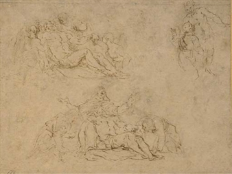 Deux études du Christ mort entouré de figures avec une étude d'un saint avec le Christ - Angelo Michele Colonna