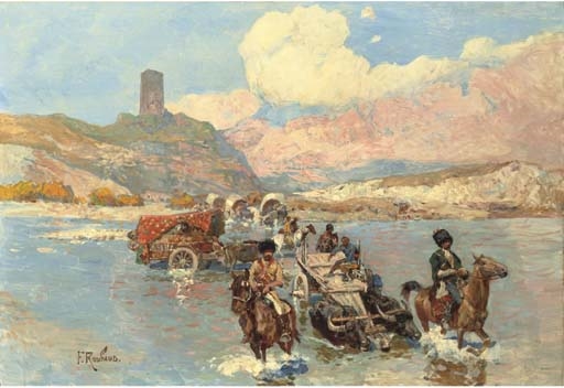 Artwork by Frants Alekseevich Rubo, Caucasians crossing a river, Made of oil on canvas