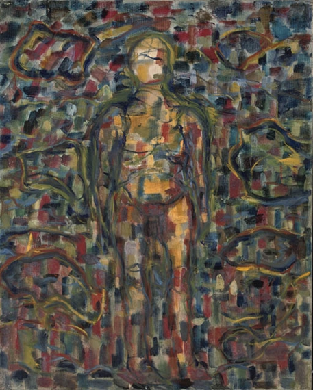 Standing Figure; Blue and Yellow Abstract, unframed by Oliver Gollancz