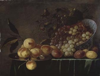 Fruits sur une table drapée - Monogrammist J.H.V.