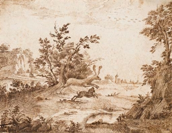 "A hasty chase unfolds in a detailed landscape etching, where a hare flees from a pursuing dog across a sunlit meadow."