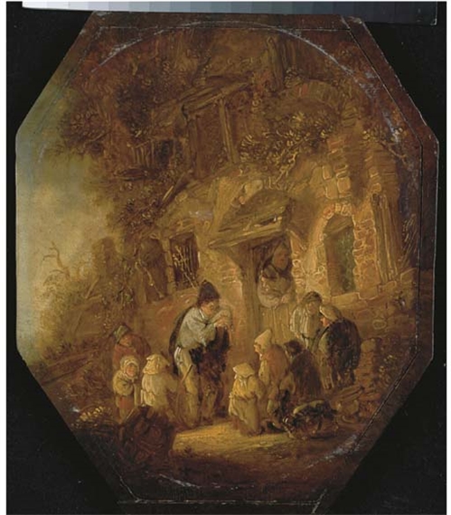 A bagpipe player making music before a young crowd by Isack van Ostade