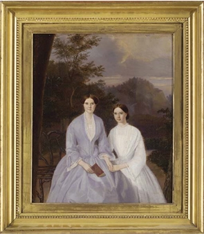 Portrait of Mmes William and John Barber, three-quarter-length, one holding a book, seated on a garden bench, a landscape beyond - Miss Morrath