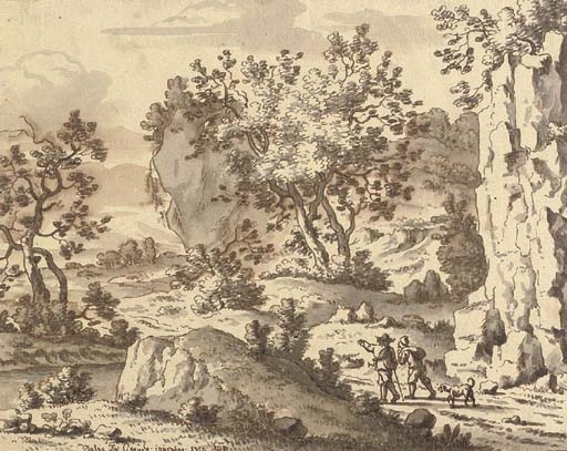 A rocky landscape with travellers on a path by Josua de Grave, 1710