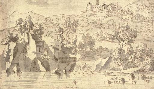 A rocky landscape with a castle on a hilltop by Josua de Grave