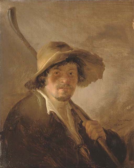 A shepherd in a wide brimmed hat holding a crook by Isack van Ostade, 1642