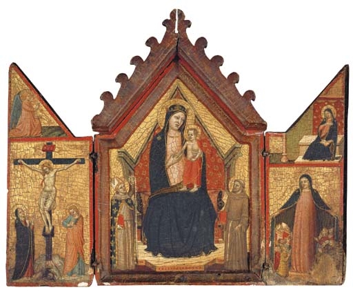 Artwork by The Mezzana Master, A portable triptych: the central panel: The Madonna and Child with Saint Louis of Toulouse and Saint Francis of Assisi; left wing: The Crucifixion with the Virgin and Saint John the Evangelist below the Angel of the Annunciation; right wing: The Madonna of the Misericordia below the Virgin Annunciate, Made of on gold ground panel