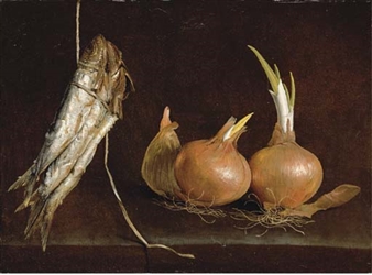Sardines suspended from twine and onions on a stone ledge - Giovanni Battista Recco