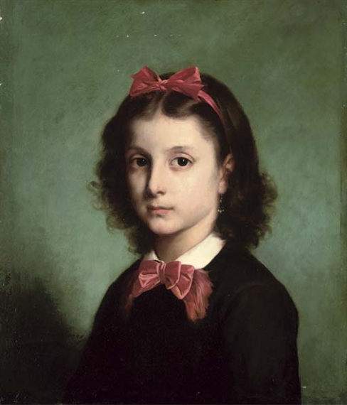 Portrait of a girl, bust-length, with a bow in her hair by Gaston Casimir Saint-Pierre, 1872