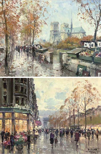 Book sellers on the banks of the Seine, Notre Dame beyond; and Les Champs Elysèes, Paris by Juan Bayón Salado