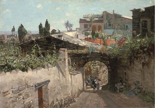 A man with his donkey leaving a southern Italian town by Manuel Wielandt, 1906