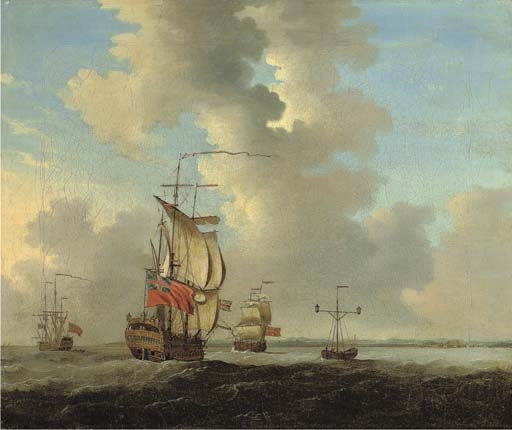 Men-o'-war, one of them lying at anchor, off Sheerness near the Nore lightship by Francis Swaine