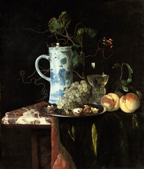 A Chinese transitional blue and white silver-mounted tankard, grapes and walnuts on a silver plate, a 'roemer' with white wine and two peaches on a partially draped table with a marble top, a butterfly nearby - Hendrik de Fromantiou
