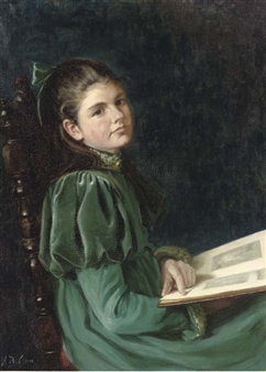 Portrait of Ada, seated half-length, in a green dress, reading a book - Nora Butson