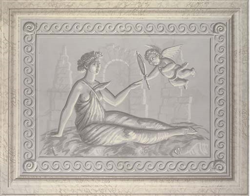 Artwork by Alan Dodd, An allegory of vanity; An allegory of love; An allegory of poetry; An allegory of music; and The court jester in a roundal, with a view of Venice beyond, all en grisaille, Made of oil on canvas