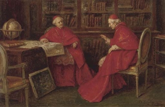 Cardinals studying a map - Angelo Zoffoli