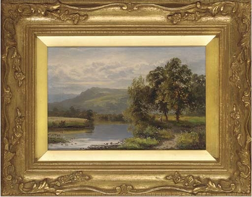 Figures on a sunny path beside a river by Albert Edmund Gyngell, 1881