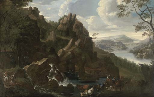 An extensive mountainous landscape with travellers and their cattle by a waterfall by Willem de Heusch
