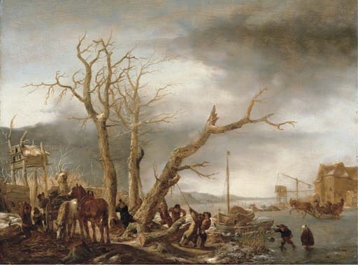 A frozen river landscape with woodsmen felling a tree, a water mill beyond by Isack van Ostade