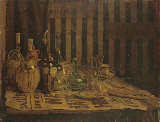 Still life with glass bottles by Anna Airy, 1916