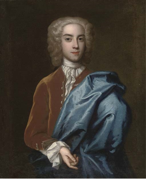 Portrait of a gentleman, half-length, in a brown velvet coat with a cloak by Enoch Seeman