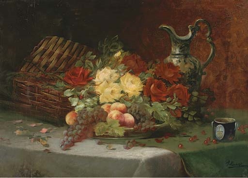 Roses, a jug and basket, with peaches and grapes on a platter - A. Bussy