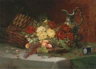 Roses, a jug and basket, with peaches and grapes on a platter - A. Bussy