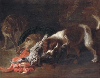 A spaniel and a cat fighting, with another cat looking on - Bernard Nicasius