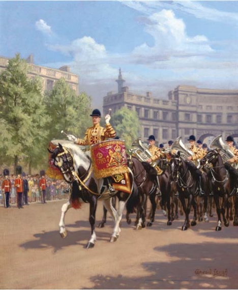 The drumhorse Hannibal and band of the Life Guardsman in state dress by Conrad Heighton Leigh