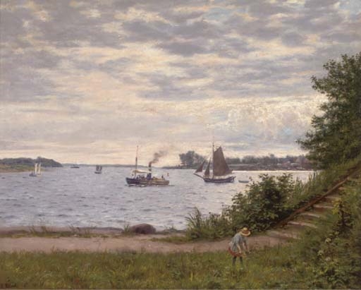 An afternoon on the Svendeorgsund, Denmark, with the steamer 'Proven' beyond by Emil Carl Lund