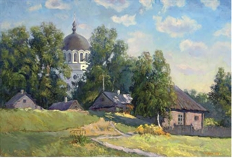 Cottages in a summer landscape with a church beyond - Nicolai Alekseevich Pinigin